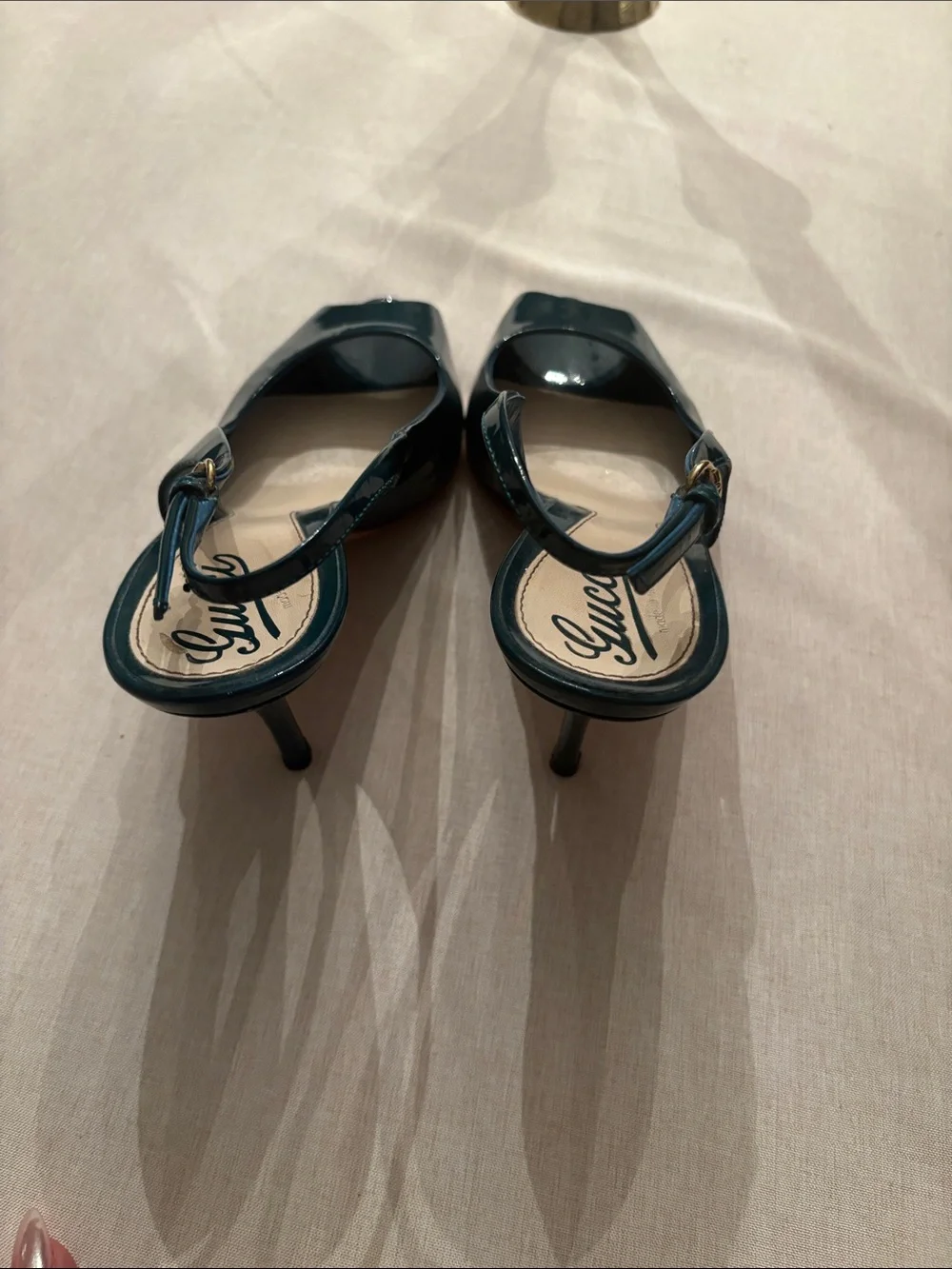 Gucci Teal Patent Peep-Toe Slingback Heels - Picture 5 of 8
